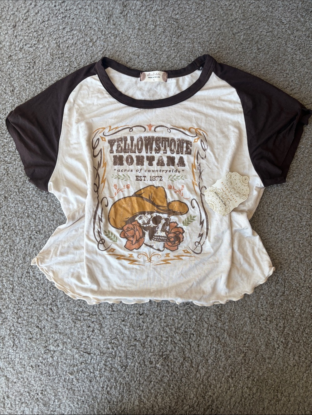 NWT Altar'd State Cream Tee with Brown Trim and Brown Graphic
